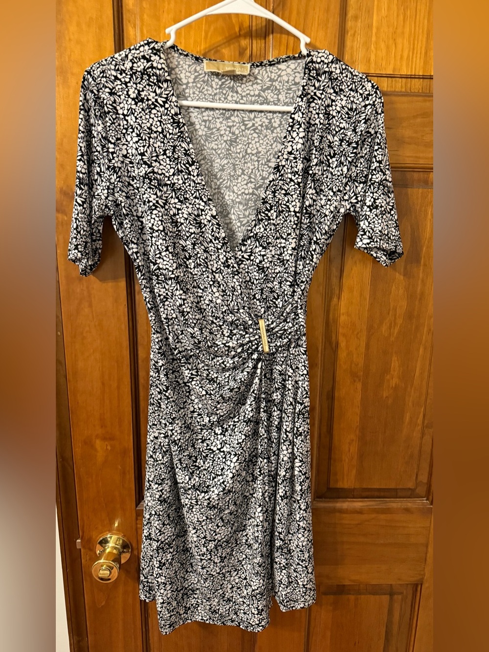 Michael Kors Black and White Floral Wrap Midi Dress with Gold Buckle